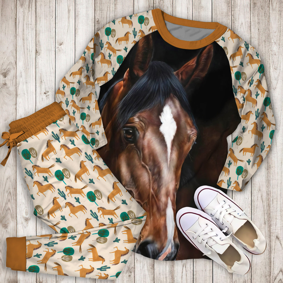 Horse Cool Pajama Set | Pajamas | Cotton Sleepwear Sets | Soft Long Sleeve Pjs | Raglan Shirt and Pants Set