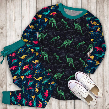Dinosaur Bones Glow In The Dark Pajama Set |Sleepwear Pjs Sets | Raglan Shirt Pants Set