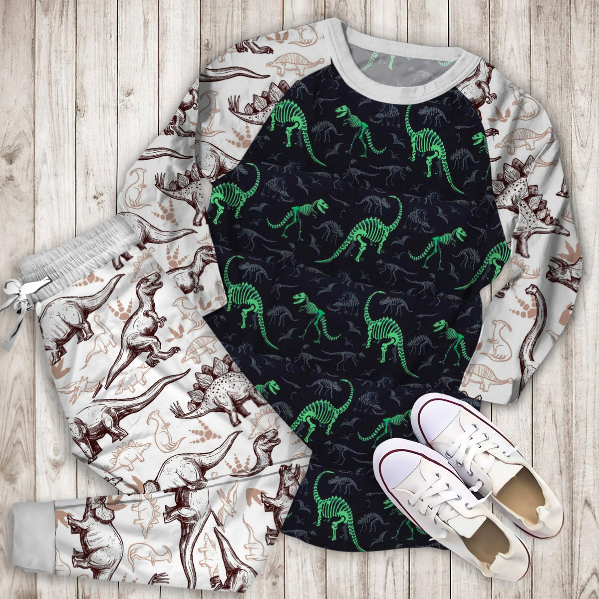 Dinosaur Bones Glow In The Dark Pajama Set |Sleepwear Pjs Sets | Raglan Shirt Pants Set