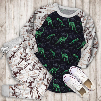 Dinosaur Bones Glow In The Dark Pajama Set |Sleepwear Pjs Sets | Raglan Shirt Pants Set