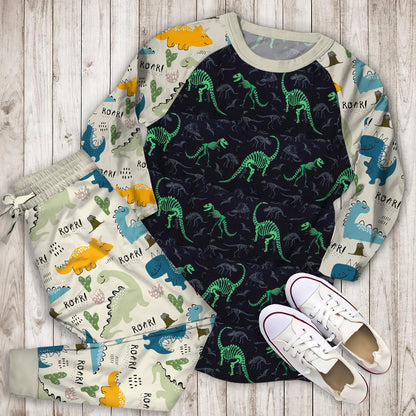 Dinosaur Bones Glow In The Dark Pajama Set |Sleepwear Pjs Sets | Raglan Shirt Pants Set