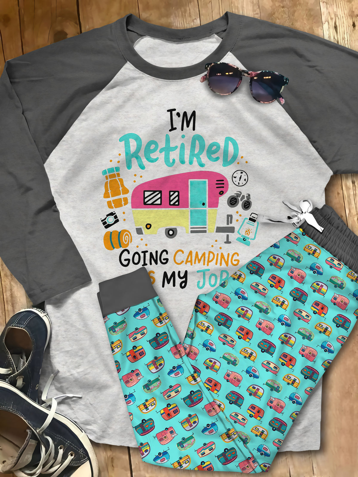 Camping Retired Pajama Set |Sleepwear Pjs Sets | Raglan Shirt Pants Set