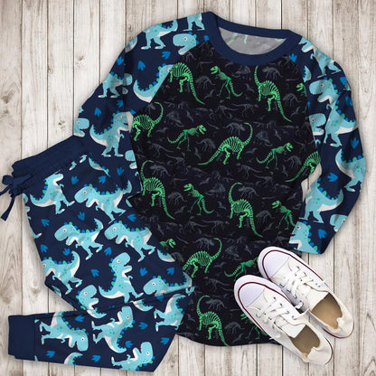 Dinosaur Bones Glow In The Dark Pajama Set |Sleepwear Pjs Sets | Raglan Shirt Pants Set
