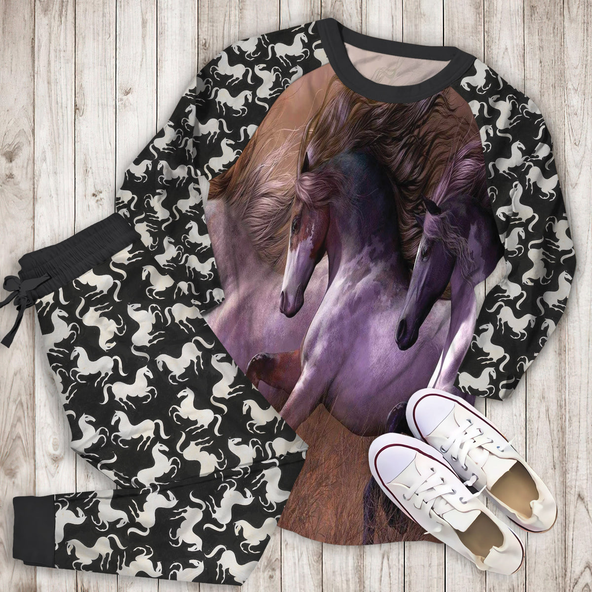 Horse Pajama Set | Pajamas | Cotton Sleepwear Sets | Soft Long Sleeve Pjs | Raglan Shirt and Pants Set