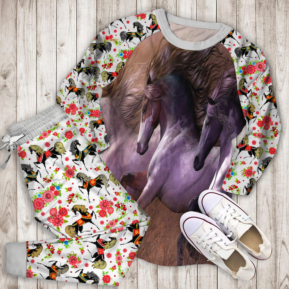 Horse Pajama Set | Pajamas | Cotton Sleepwear Sets | Soft Long Sleeve Pjs | Raglan Shirt and Pants Set