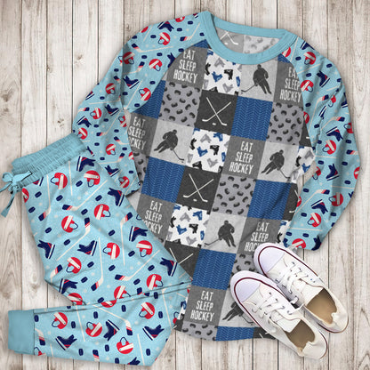 Eat Sleep Hockey Pajama Set |Sleepwear Pjs Sets | Raglan Shirt Pants Set