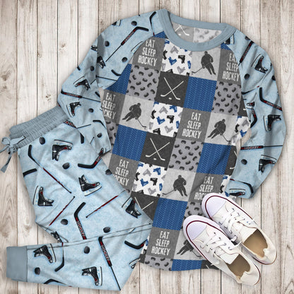 Eat Sleep Hockey Pajama Set |Sleepwear Pjs Sets | Raglan Shirt Pants Set