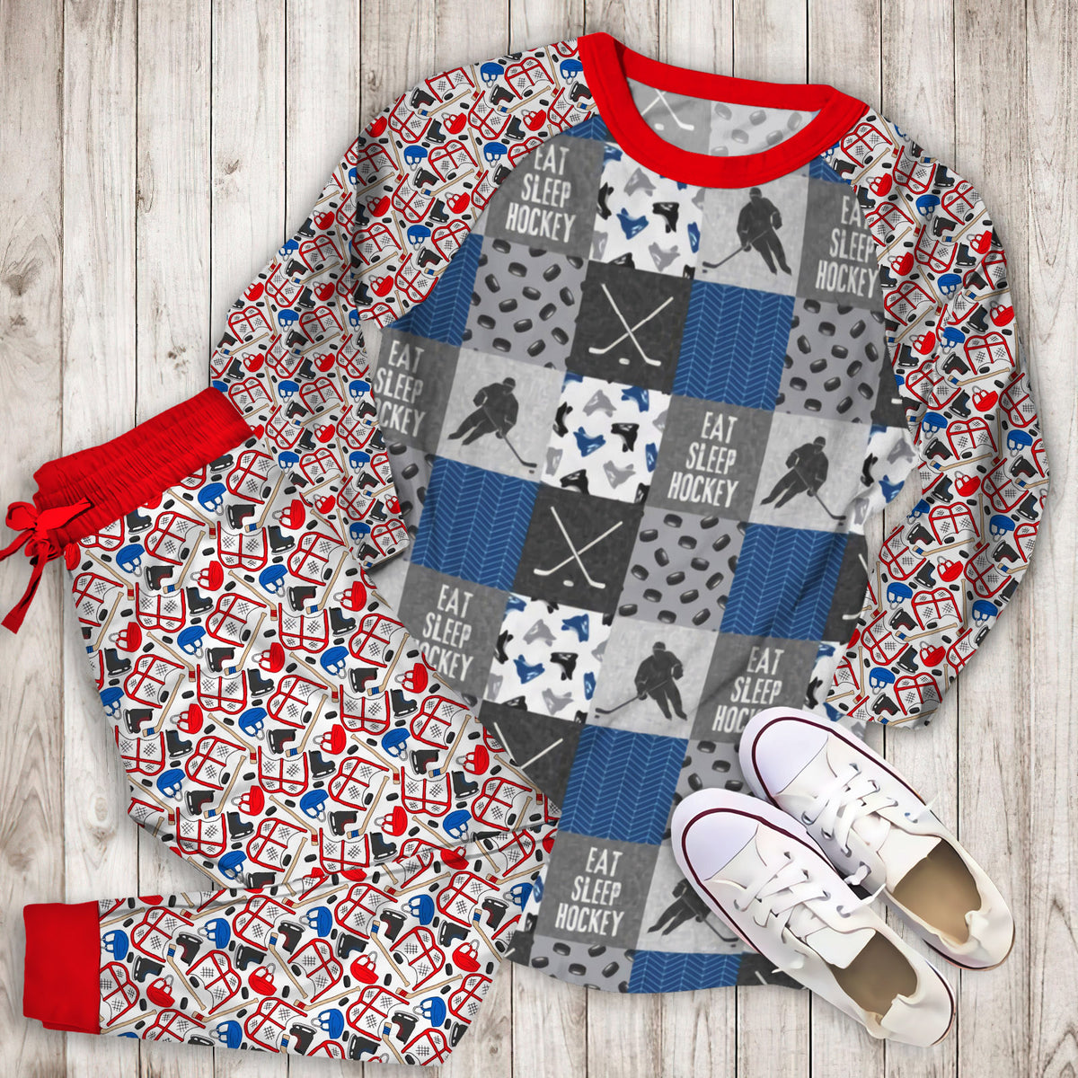 Eat Sleep Hockey Pajama Set |Sleepwear Pjs Sets | Raglan Shirt Pants Set