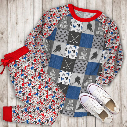 Eat Sleep Hockey Pajama Set |Sleepwear Pjs Sets | Raglan Shirt Pants Set