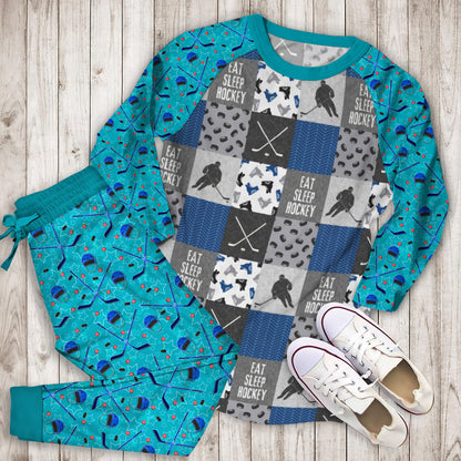 Eat Sleep Hockey Pajama Set |Sleepwear Pjs Sets | Raglan Shirt Pants Set