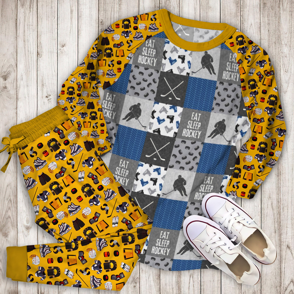 Eat Sleep Hockey Pajama Set |Sleepwear Pjs Sets | Raglan Shirt Pants Set