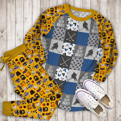 Eat Sleep Hockey Pajama Set |Sleepwear Pjs Sets | Raglan Shirt Pants Set