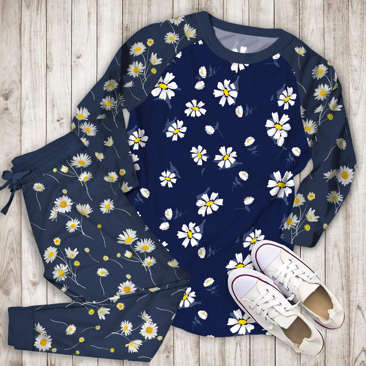 Daisies Pajama Set | Pajamas | Cotton Sleepwear Sets | Soft Long Sleeve Pjs | Raglan Shirt and Pants Set