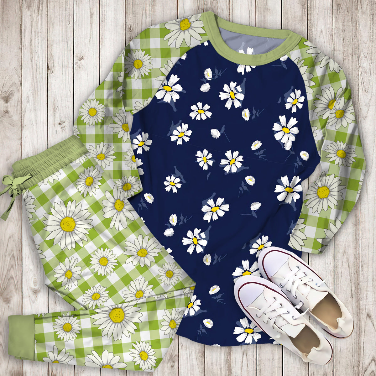 Daisies Pajama Set | Pajamas | Cotton Sleepwear Sets | Soft Long Sleeve Pjs | Raglan Shirt and Pants Set