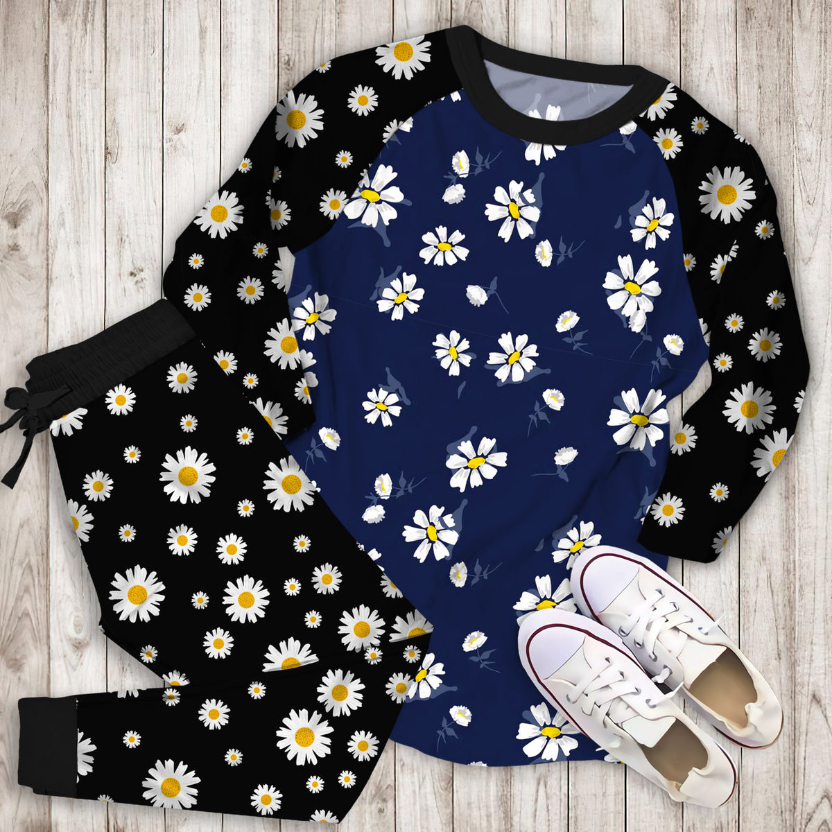 Daisies Pajama Set | Pajamas | Cotton Sleepwear Sets | Soft Long Sleeve Pjs | Raglan Shirt and Pants Set