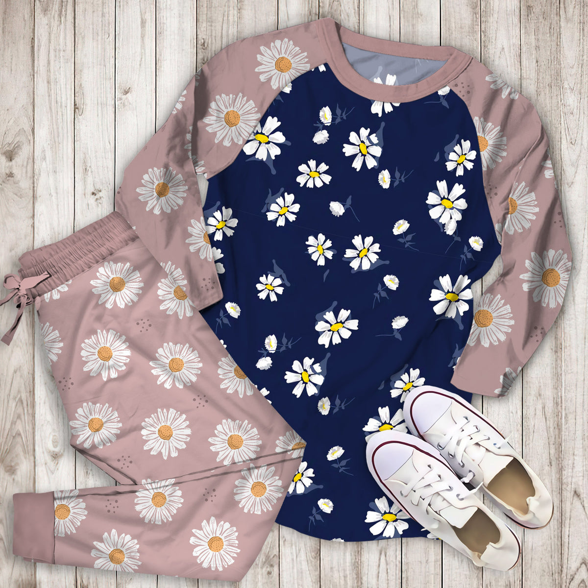 Daisies Pajama Set | Pajamas | Cotton Sleepwear Sets | Soft Long Sleeve Pjs | Raglan Shirt and Pants Set