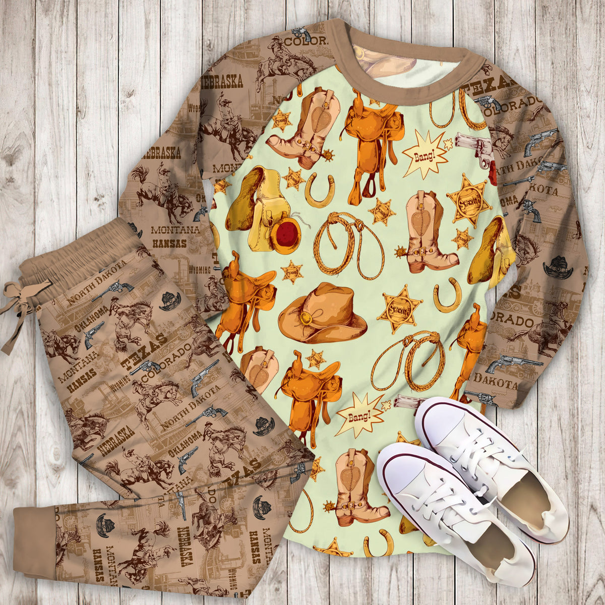 Western Cowboy Design Pattern Pajama Set |Sleepwear Pjs Sets | Raglan Shirt Pants Set