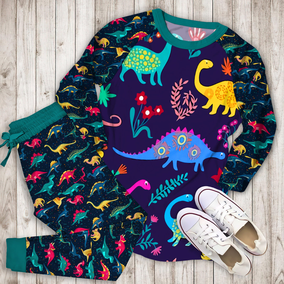 Colourful Dinosaur Pajama Set |Sleepwear Pjs Sets | Raglan Shirt Pants Set