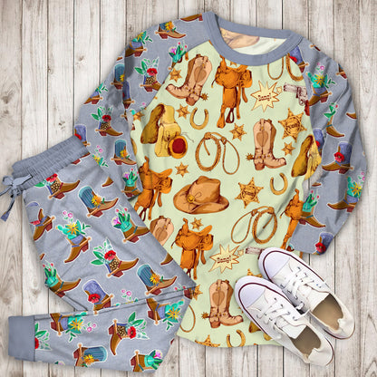 Western Cowboy Design Pattern Pajama Set |Sleepwear Pjs Sets | Raglan Shirt Pants Set