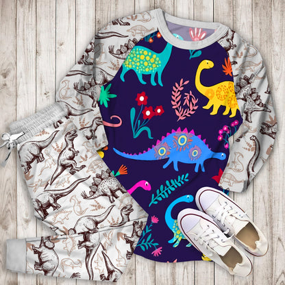 Colourful Dinosaur Pajama Set |Sleepwear Pjs Sets | Raglan Shirt Pants Set