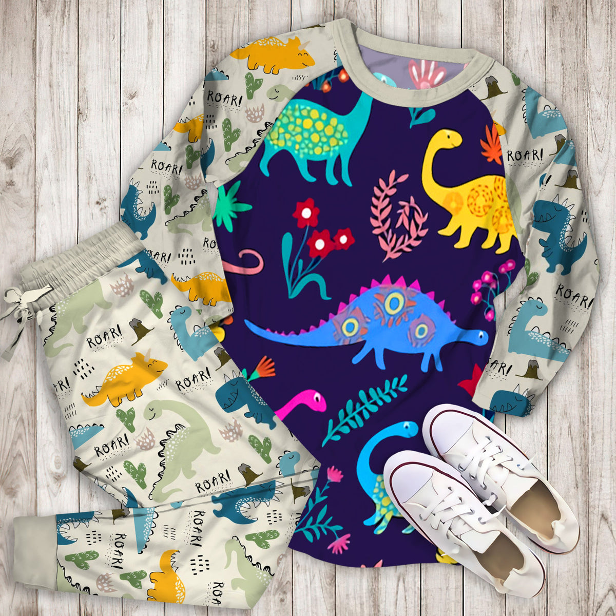 Colourful Dinosaur Pajama Set |Sleepwear Pjs Sets | Raglan Shirt Pants Set