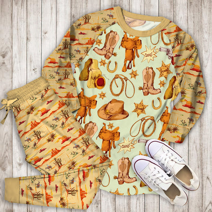 Western Cowboy Design Pattern Pajama Set |Sleepwear Pjs Sets | Raglan Shirt Pants Set