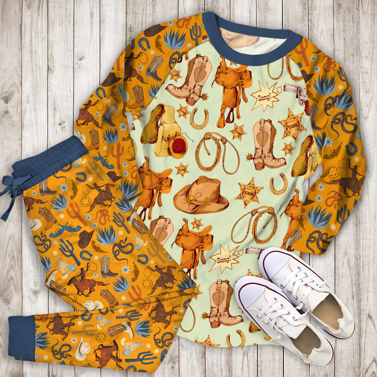 Western Cowboy Design Pattern Pajama Set |Sleepwear Pjs Sets | Raglan Shirt Pants Set