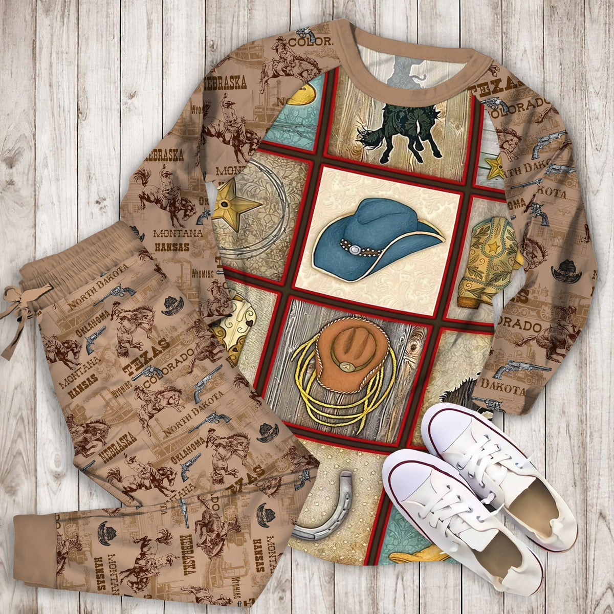 Western Cowboy Pajama Set |Sleepwear Pjs Sets | Raglan Shirt Pants Set