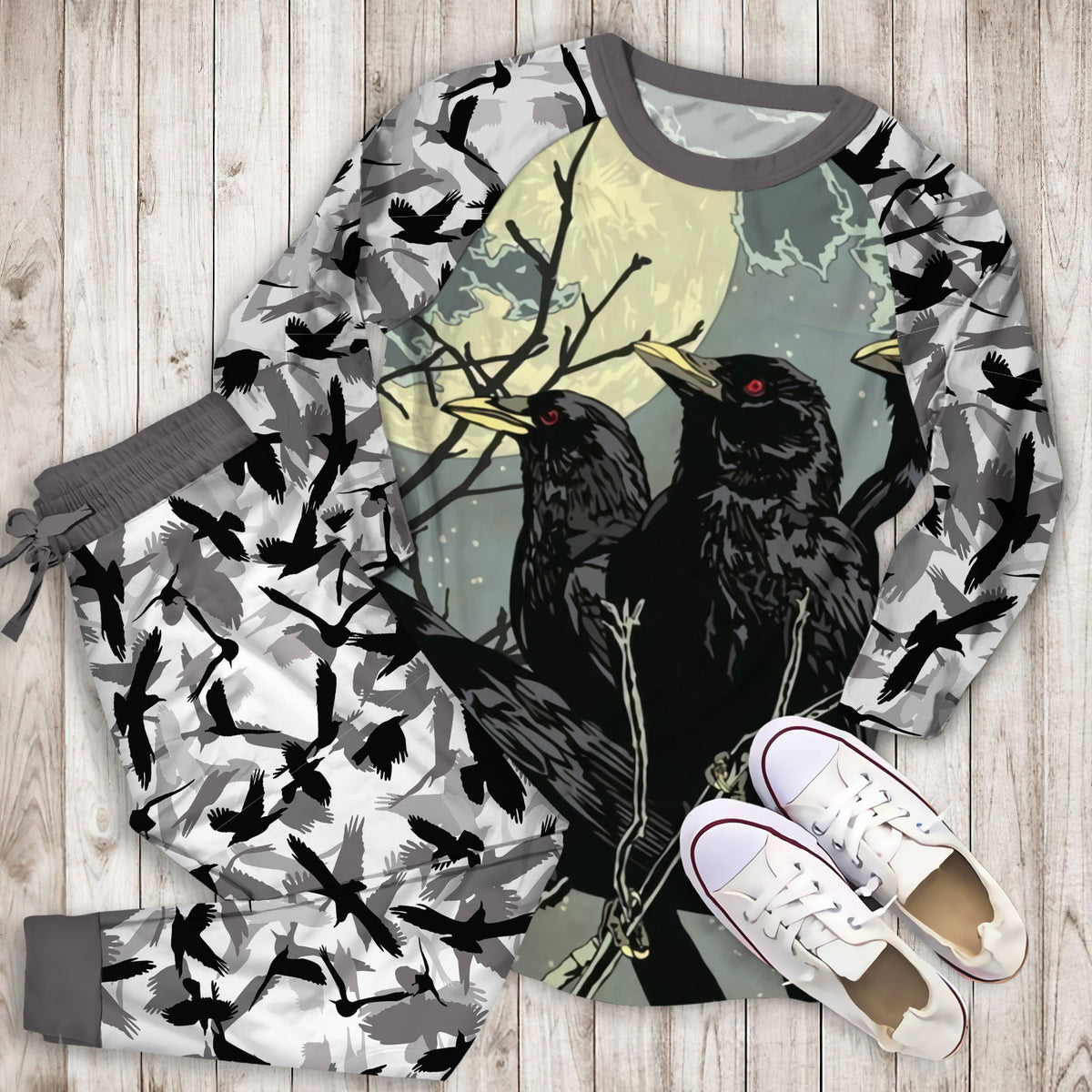 Crow Pajama Set |Sleepwear Pjs Sets | Raglan Shirt Pants Set