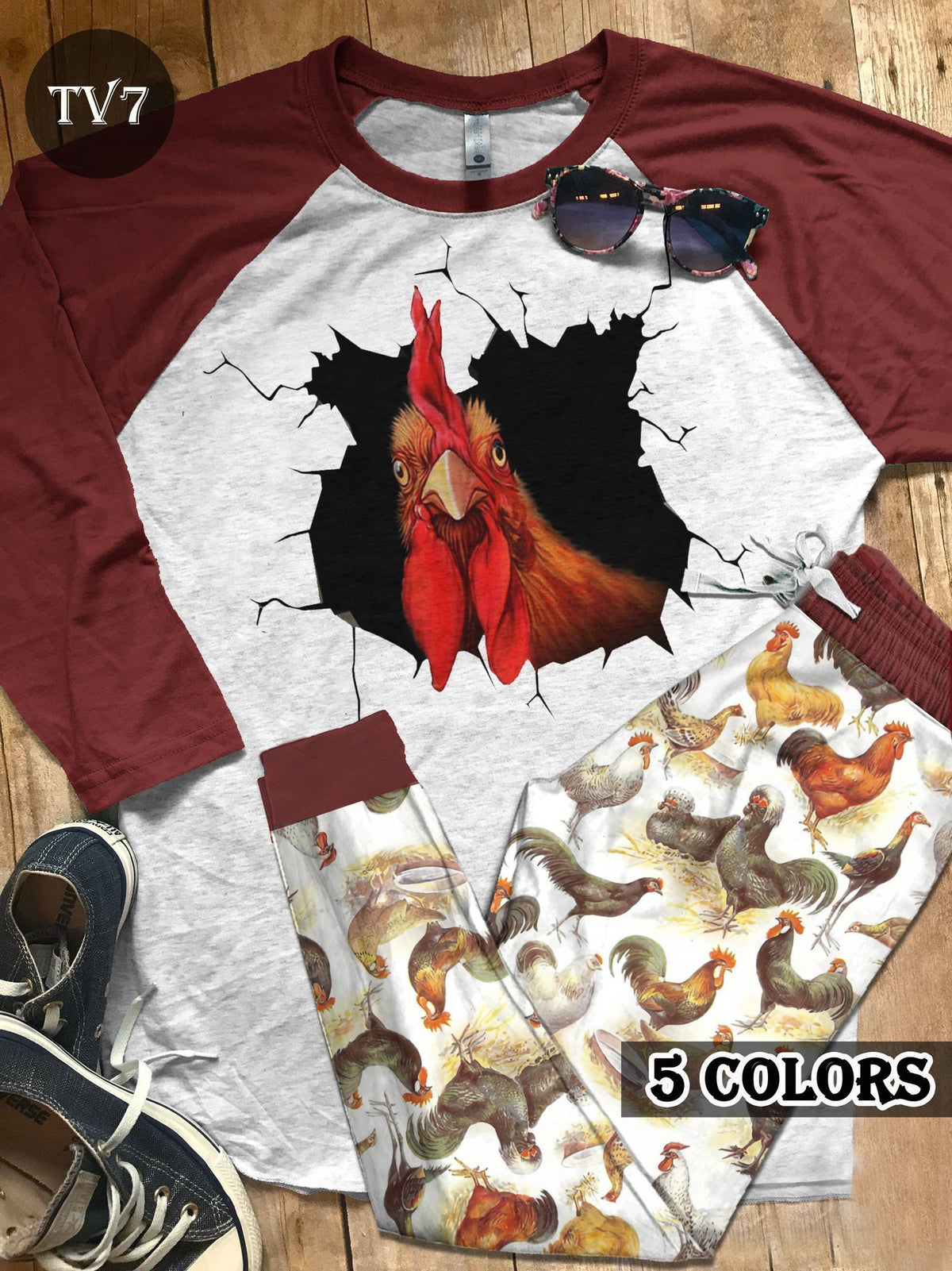 Rooster So High Pajama Set |Sleepwear Pjs Sets | Raglan Shirt Pants Set