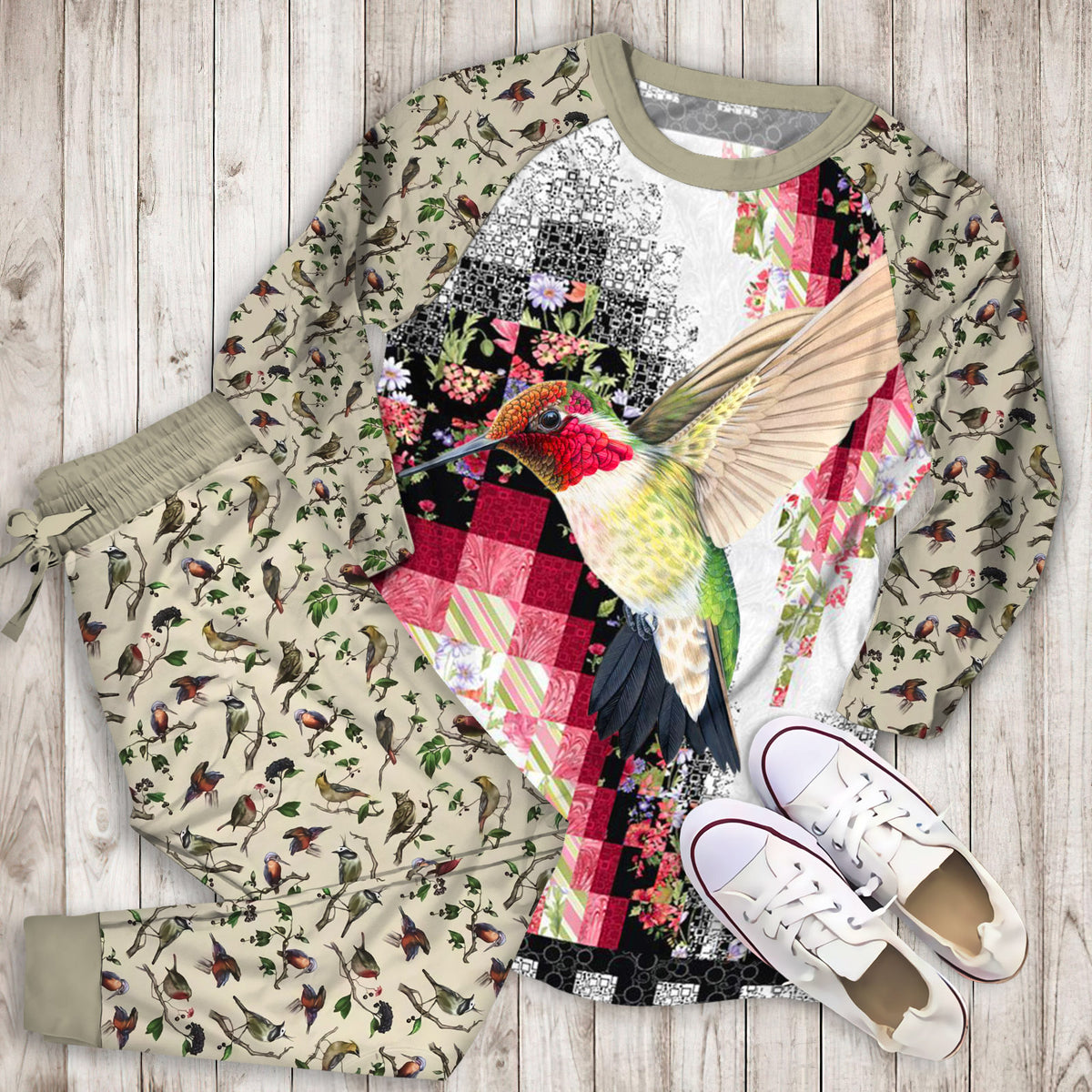 Hummingbird Pajama Set | Pajamas | Cotton Sleepwear Sets | Soft Long Sleeve Pjs | Raglan Shirt and Pants Set