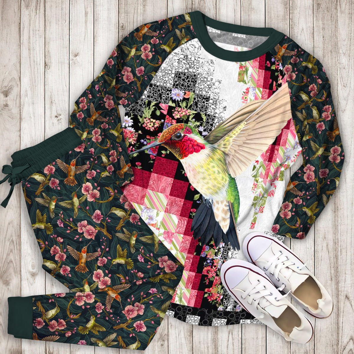Hummingbird Pajama Set | Pajamas | Cotton Sleepwear Sets | Soft Long Sleeve Pjs | Raglan Shirt and Pants Set