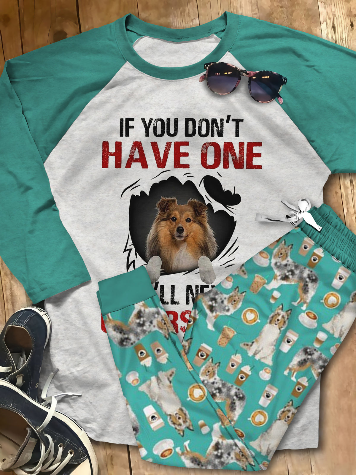 Shetland Sheepdog Premium Cute Gift Th Pajama Set |Sleepwear Pjs Sets | Raglan Shirt Pants Set