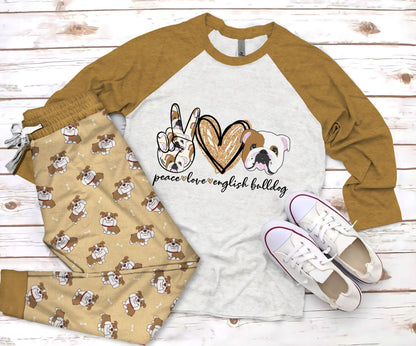 Boston Terrier Peace Pajama Set |Sleepwear Pjs Sets | Raglan Shirt Pants Set