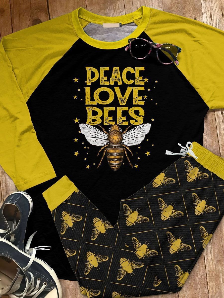 Bee Peace Love Bees Aae Pajama Set |Sleepwear Pjs Sets | Raglan Shirt Pants Set