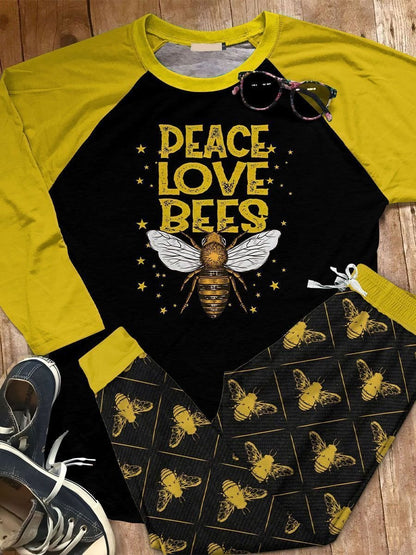 Bee Peace Love Bees Aae Pajama Set |Sleepwear Pjs Sets | Raglan Shirt Pants Set