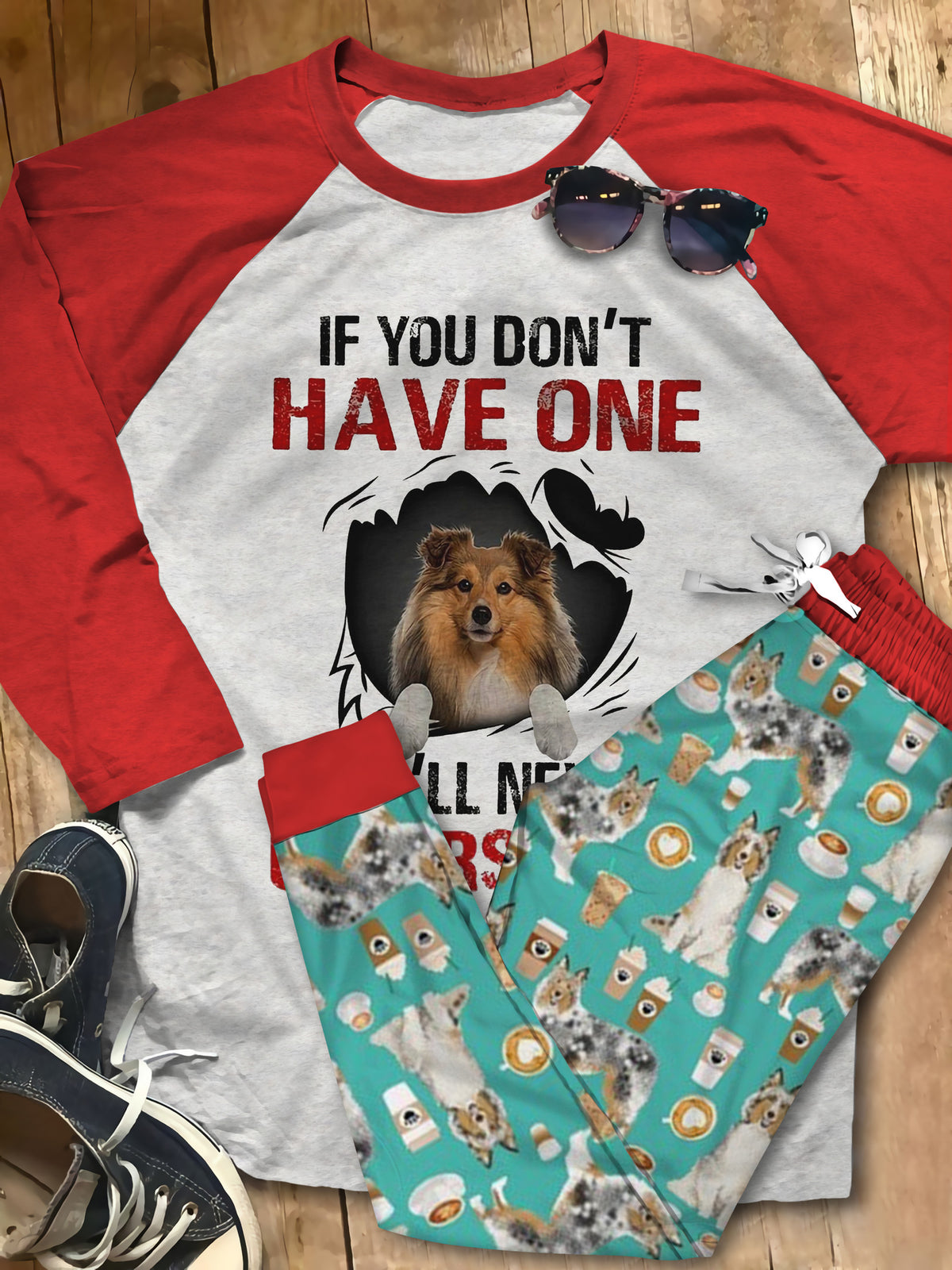 Shetland Sheepdog Premium Cute Gift Th Pajama Set |Sleepwear Pjs Sets | Raglan Shirt Pants Set