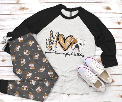 Boston Terrier Peace Pajama Set |Sleepwear Pjs Sets | Raglan Shirt Pants Set