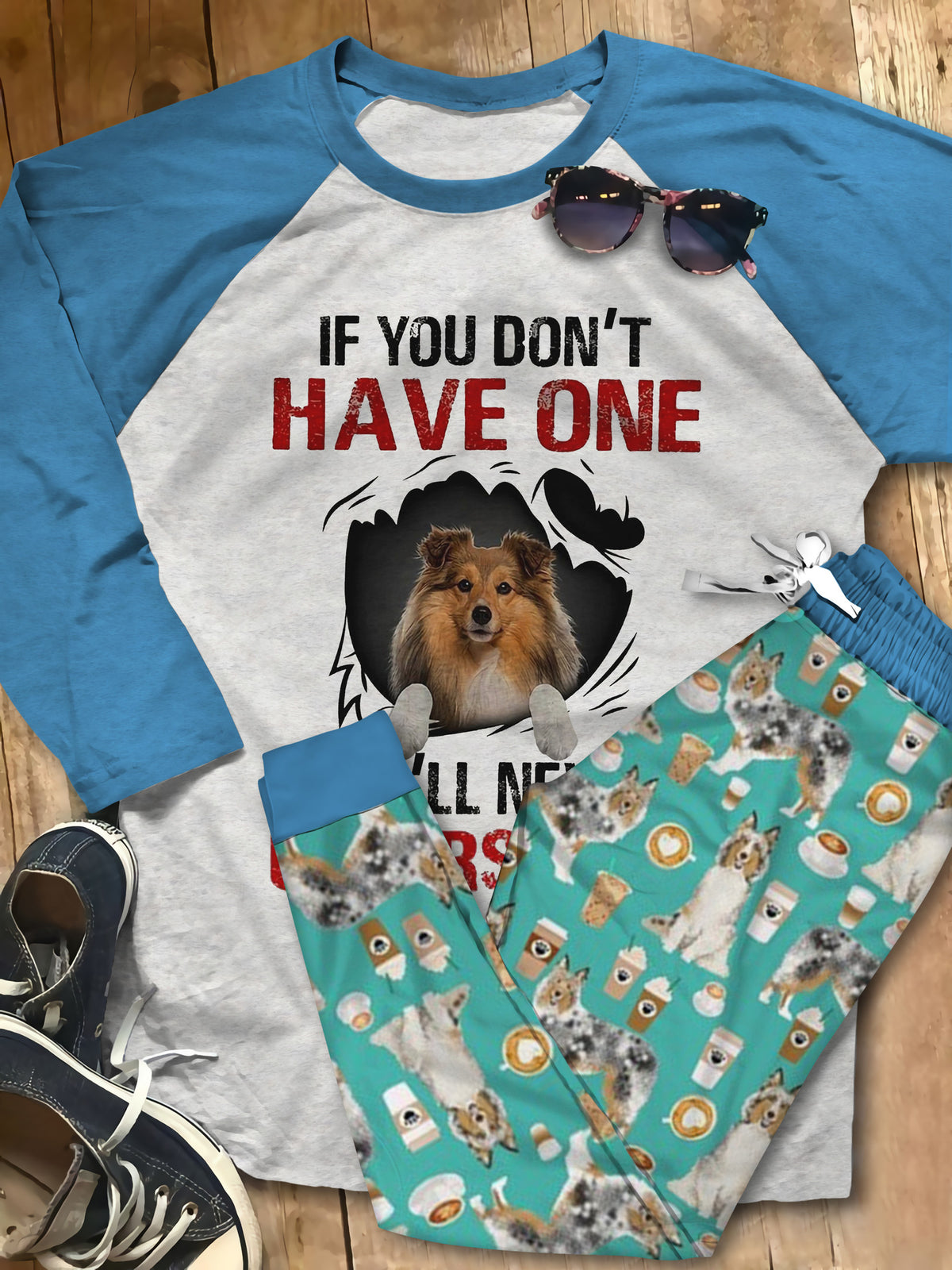 Shetland Sheepdog Premium Cute Gift Th Pajama Set |Sleepwear Pjs Sets | Raglan Shirt Pants Set