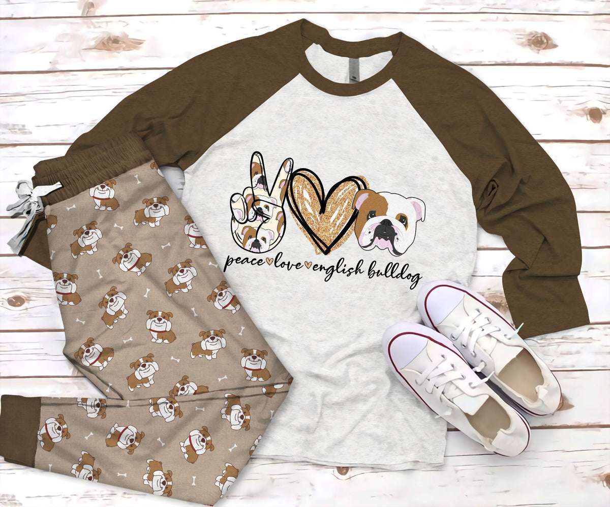 Boston Terrier Peace Pajama Set |Sleepwear Pjs Sets | Raglan Shirt Pants Set