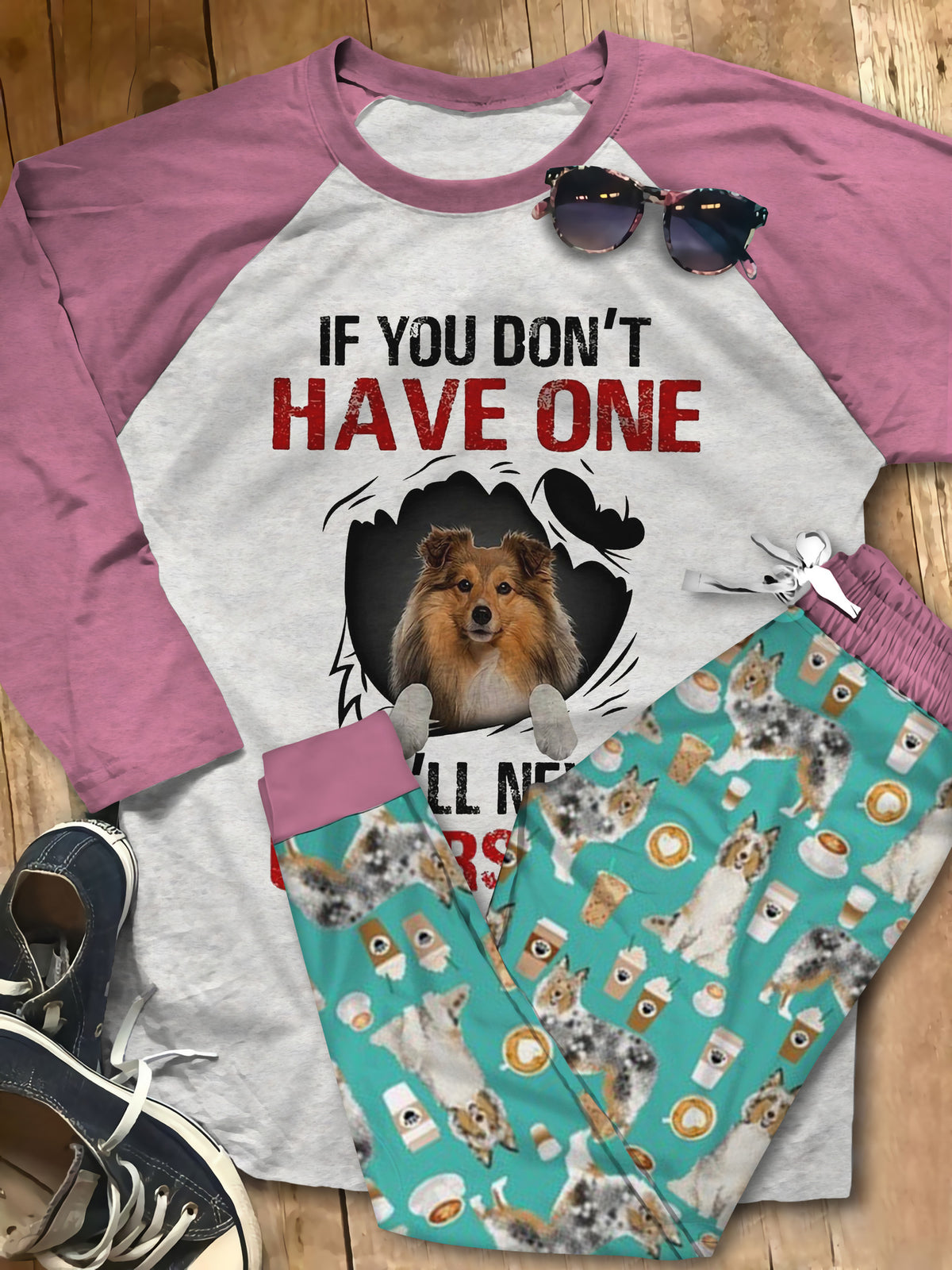 Shetland Sheepdog Premium Cute Gift Th Pajama Set |Sleepwear Pjs Sets | Raglan Shirt Pants Set