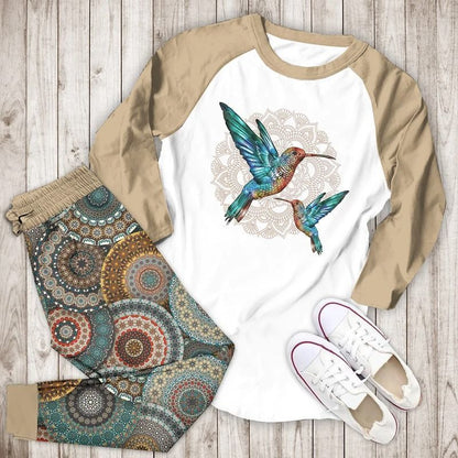 Hummingbird Mandala Aao Pajama Set |Sleepwear Pjs Sets | Raglan Shirt Pants Set