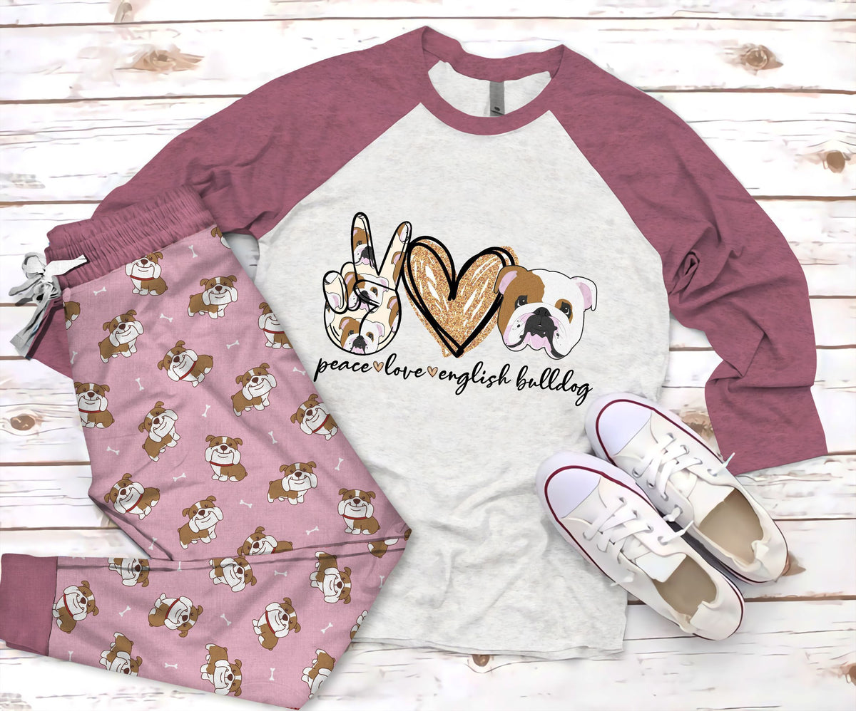 Boston Terrier Peace Pajama Set |Sleepwear Pjs Sets | Raglan Shirt Pants Set