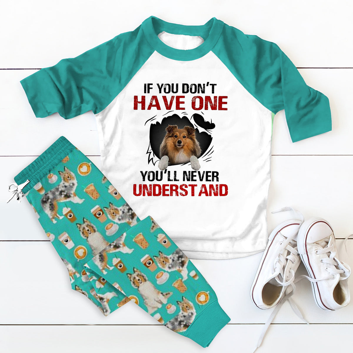 Shetland Sheepdog Premium Cute Gift Th Pajama Set |Sleepwear Pjs Sets | Raglan Shirt Pants Set
