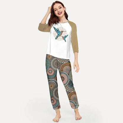 Hummingbird Mandala Aao Pajama Set |Sleepwear Pjs Sets | Raglan Shirt Pants Set