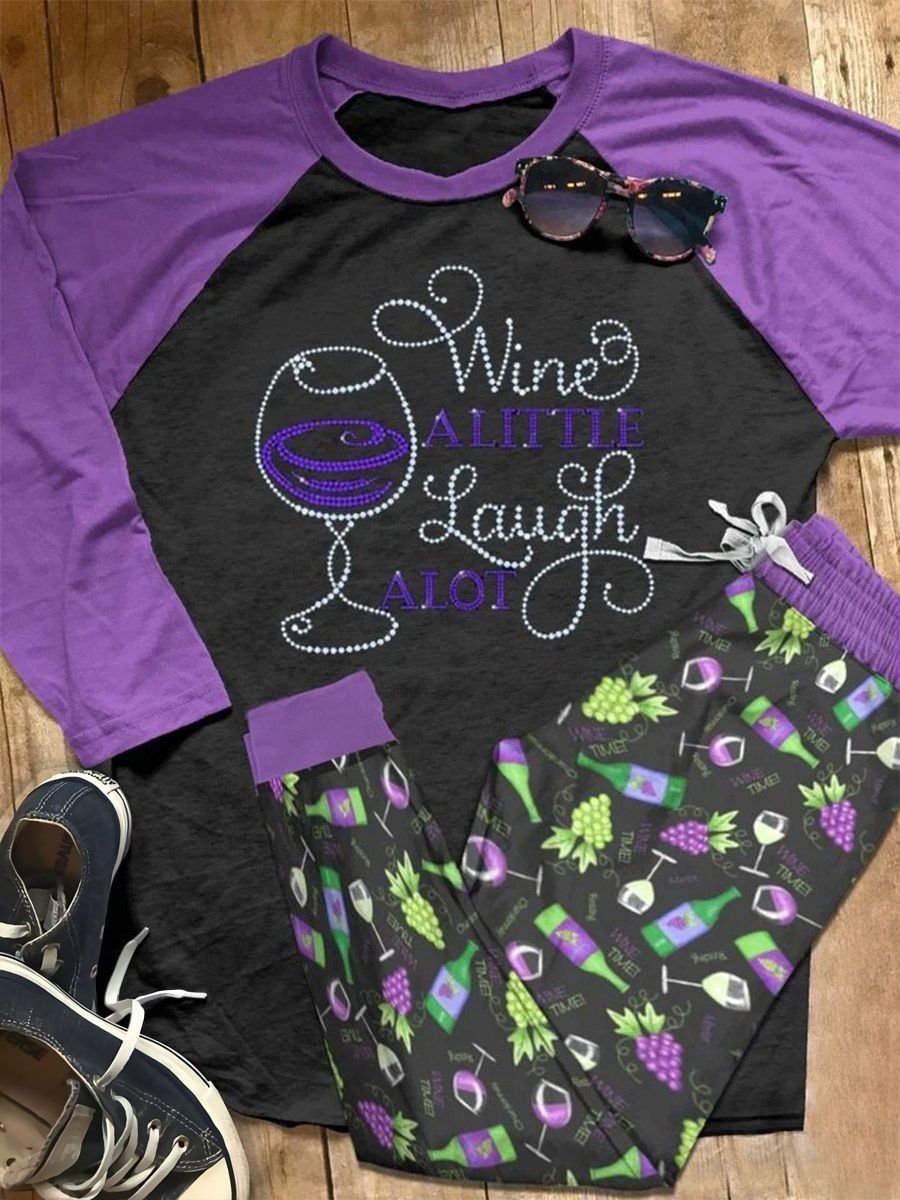 Wine Wine A Little Abq Pajama Set |Sleepwear Pjs Sets | Raglan Shirt Pants Set