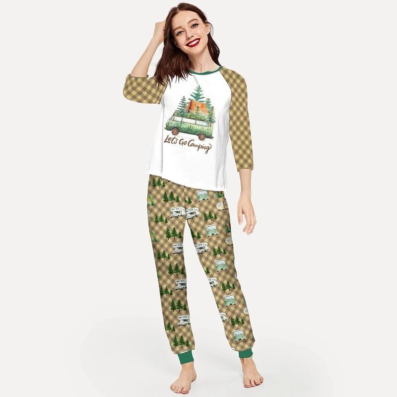 Lets Go Camping Aaq Pajama Set |Sleepwear Pjs Sets | Raglan Shirt Pants Set
