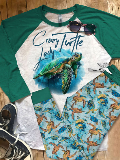 Sea Turtle Crazy Turtle Lady Green Good Quality Mmh Pajama Set |Sleepwear Pjs Sets | Raglan Shirt Pants Set