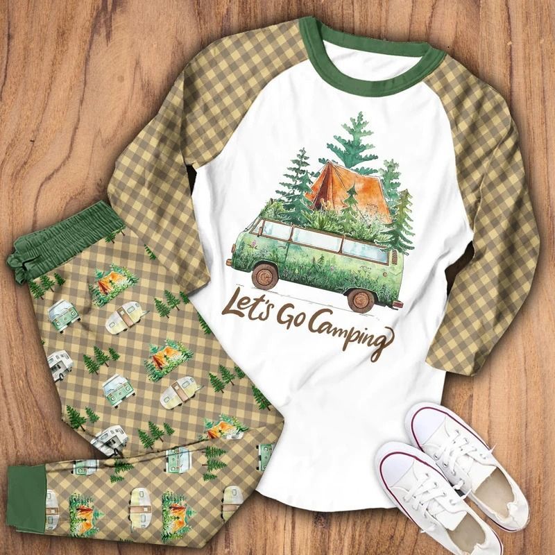 Lets Go Camping Aaq Pajama Set |Sleepwear Pjs Sets | Raglan Shirt Pants Set