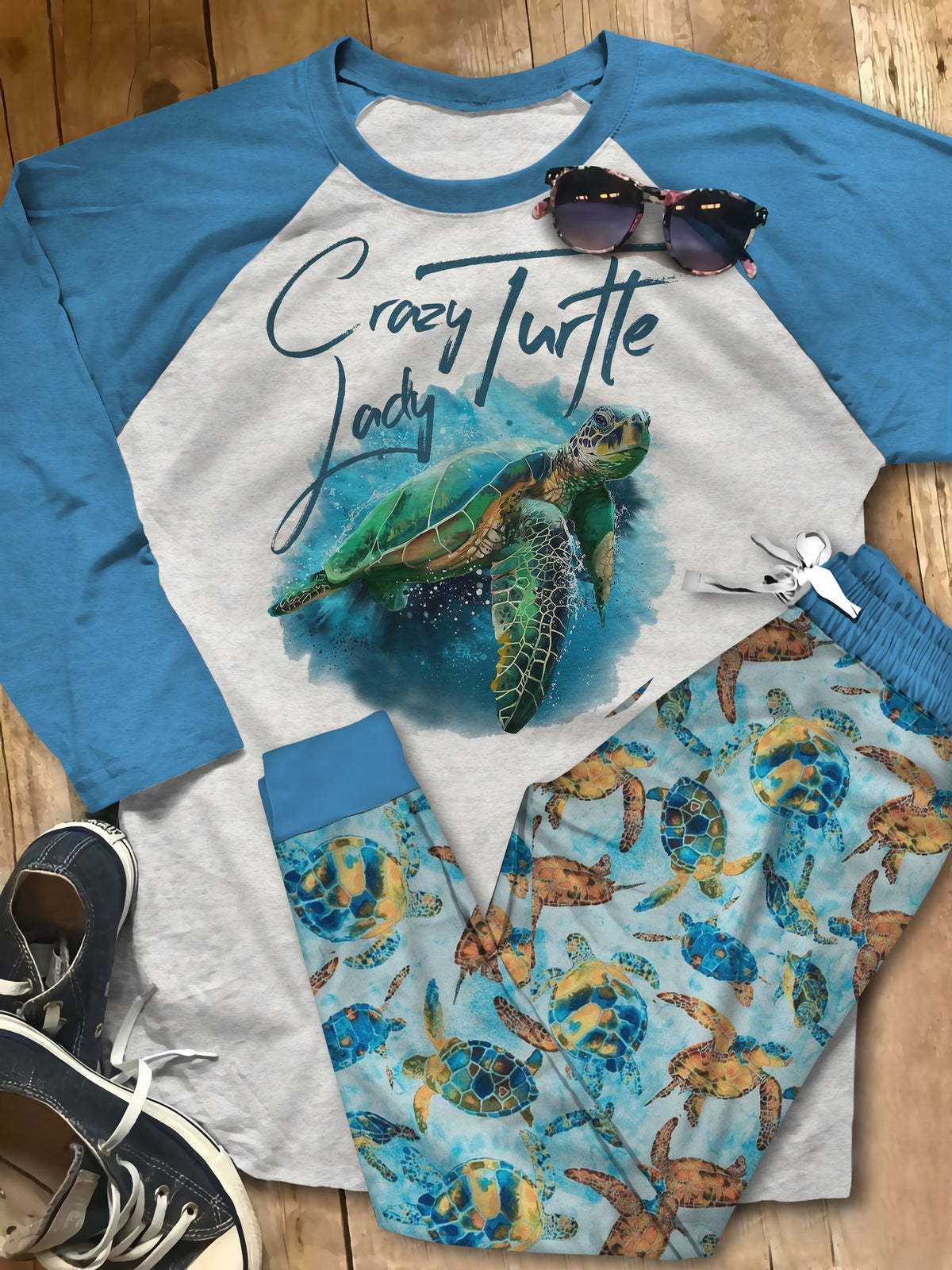 Sea Turtle Crazy Turtle Lady Green Good Quality Mmh Pajama Set |Sleepwear Pjs Sets | Raglan Shirt Pants Set